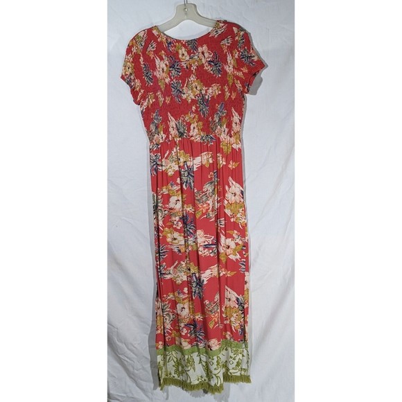 Faith Maxi Red Floral Dress, Tropical, Button Side Slit, Beaded Accents - Picture 2 of 16